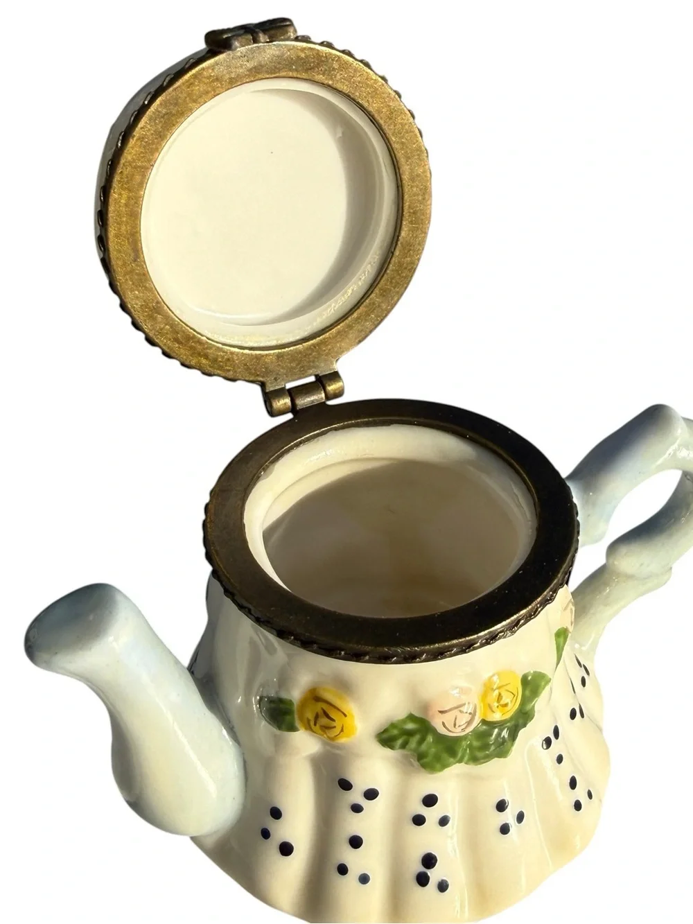Vintage Teapot Trinket Box Porcelain Hinged Jewelry Box Tea Party Cottagecore 4”